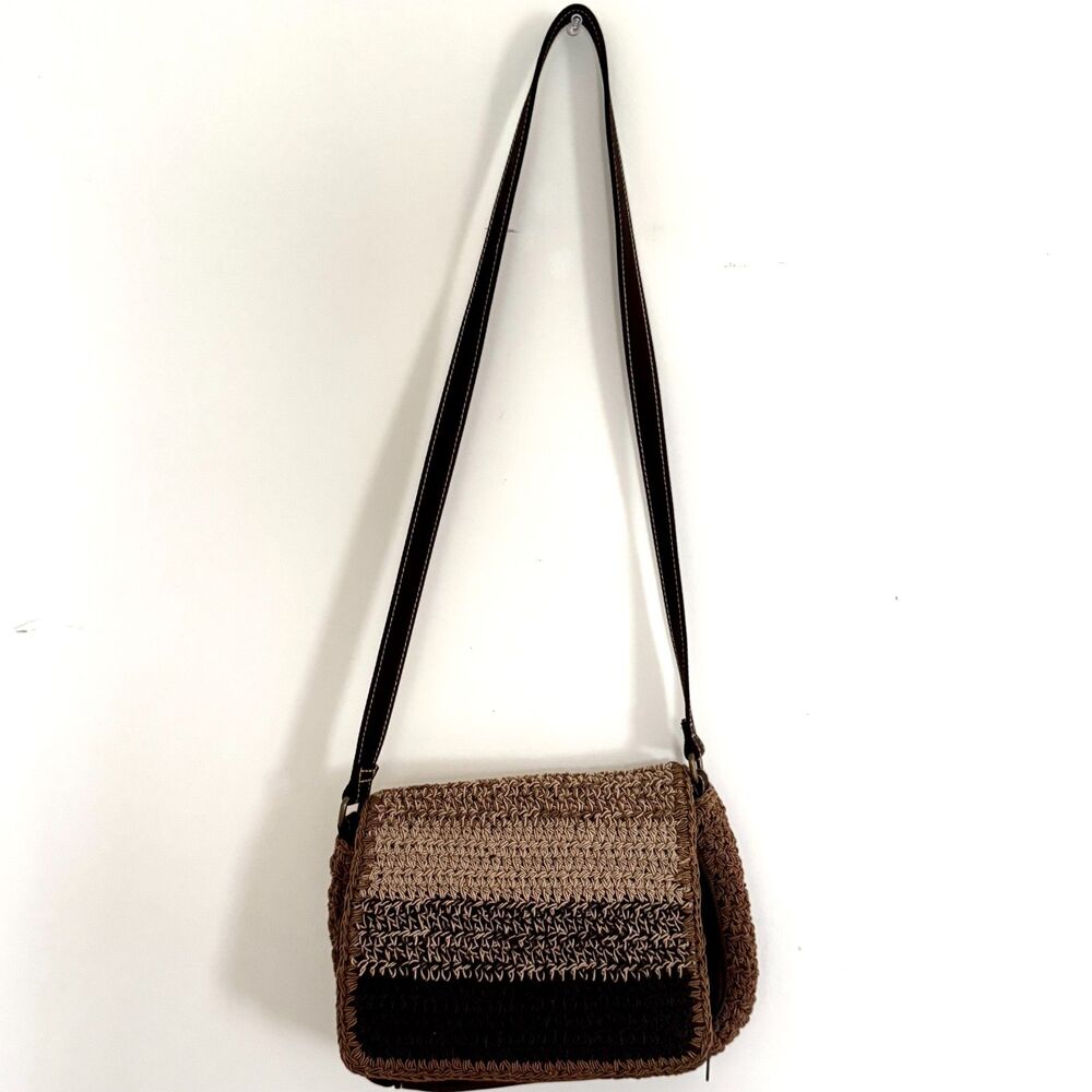 Boho Colorblock Y2K Crochet Crossbody Bag Faux Leather Trim Knit Shoulder Bag